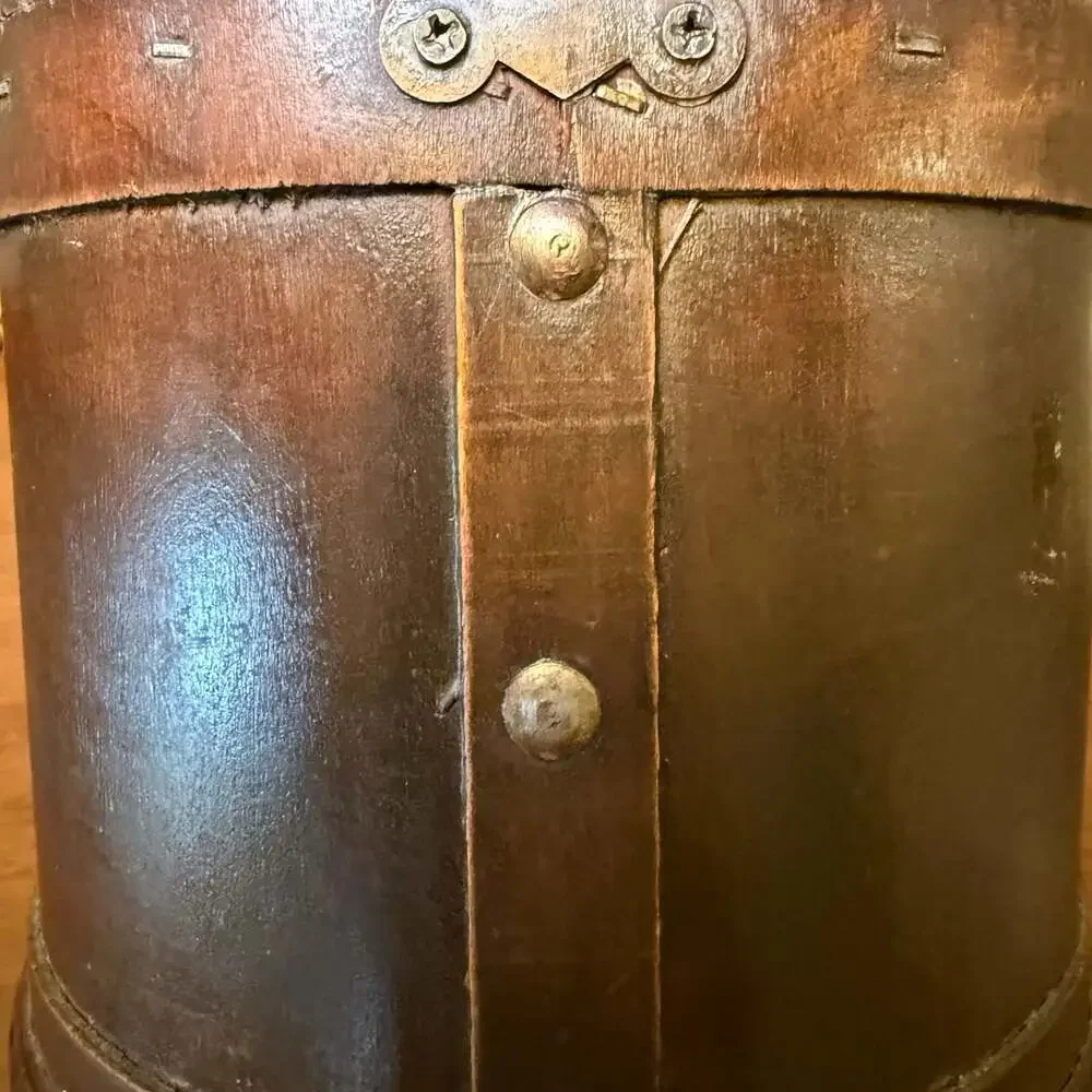 Round Wooden Storage Box with Metal Accents